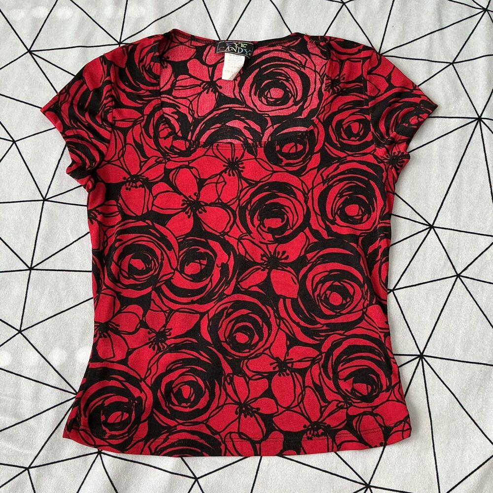 Eye-candy Women's multi baby tee red black floral S